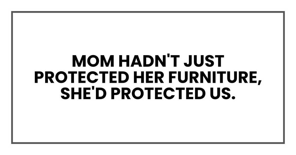 Mom hadn't just protected her furniture, she'd protected us. Mom hadn't just protected her furniture, she'd protected us.