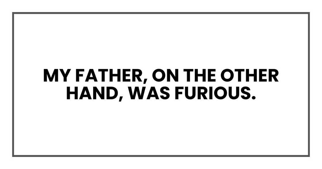 My father, on the other hand, was furious. My father, on the other hand, was furious.