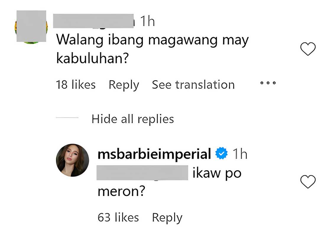 Barbie Imperial, sinagot ang basher na sinabihan siya ng “walang ibang magawang may kabuluhan” Barbie Imperial, sinagot ang basher na sinabihan siya ng “walang ibang magawang may kabuluhan”