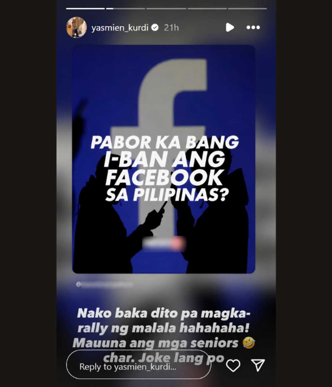 Yasmien Kurdi, nag-react sa poll tungkol sa pag-ban sa Facebook sa PH Yasmien Kurdi, nag-react sa poll tungkol sa pag-ban sa Facebook sa PH