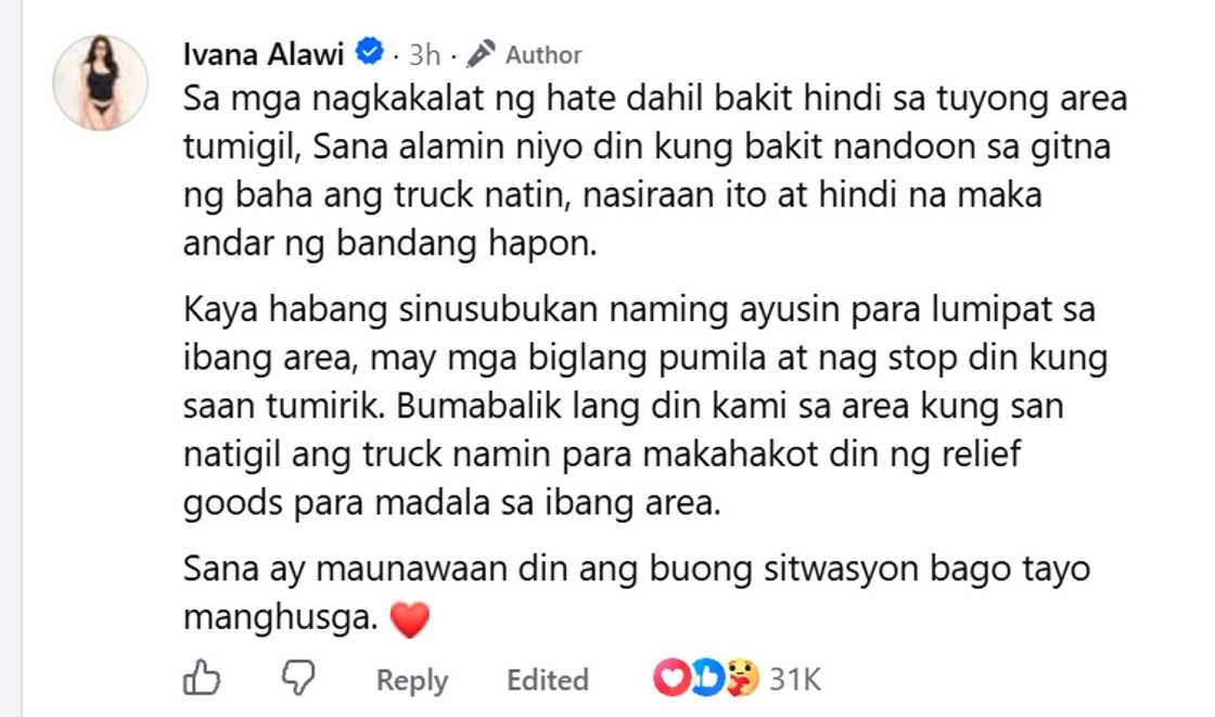 Ivana Alawi, nagsalita ukol sa pambabatikos sa kaniyang kamakailang relief operation