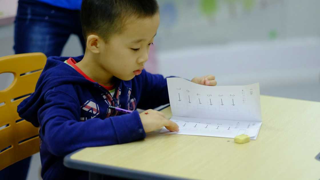 A child in a dark hoodie works on a number sequencing worksheet at a desk. A child in a dark hoodie works on a number sequencing worksheet at a desk.