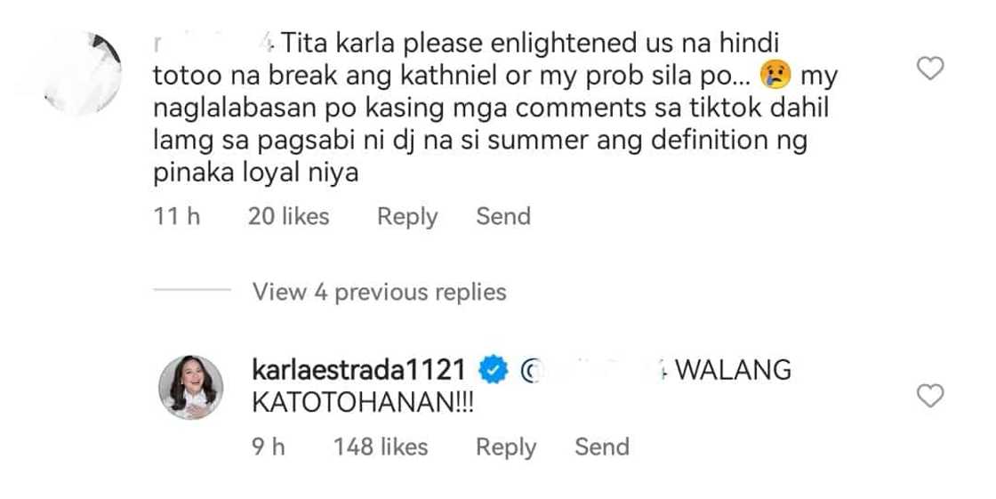 Karla Estrada denies breakup rumors of KathNiel; says "walang katotohanan" Karla Estrada denies breakup rumors of KathNiel; says "walang katotohanan"