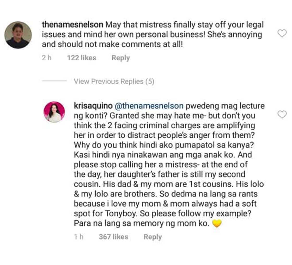 Kris Aquino slams netizen for calling Gretchen Barretto a "mistress" Kris Aquino slams netizen for calling Gretchen Barretto a "mistress"