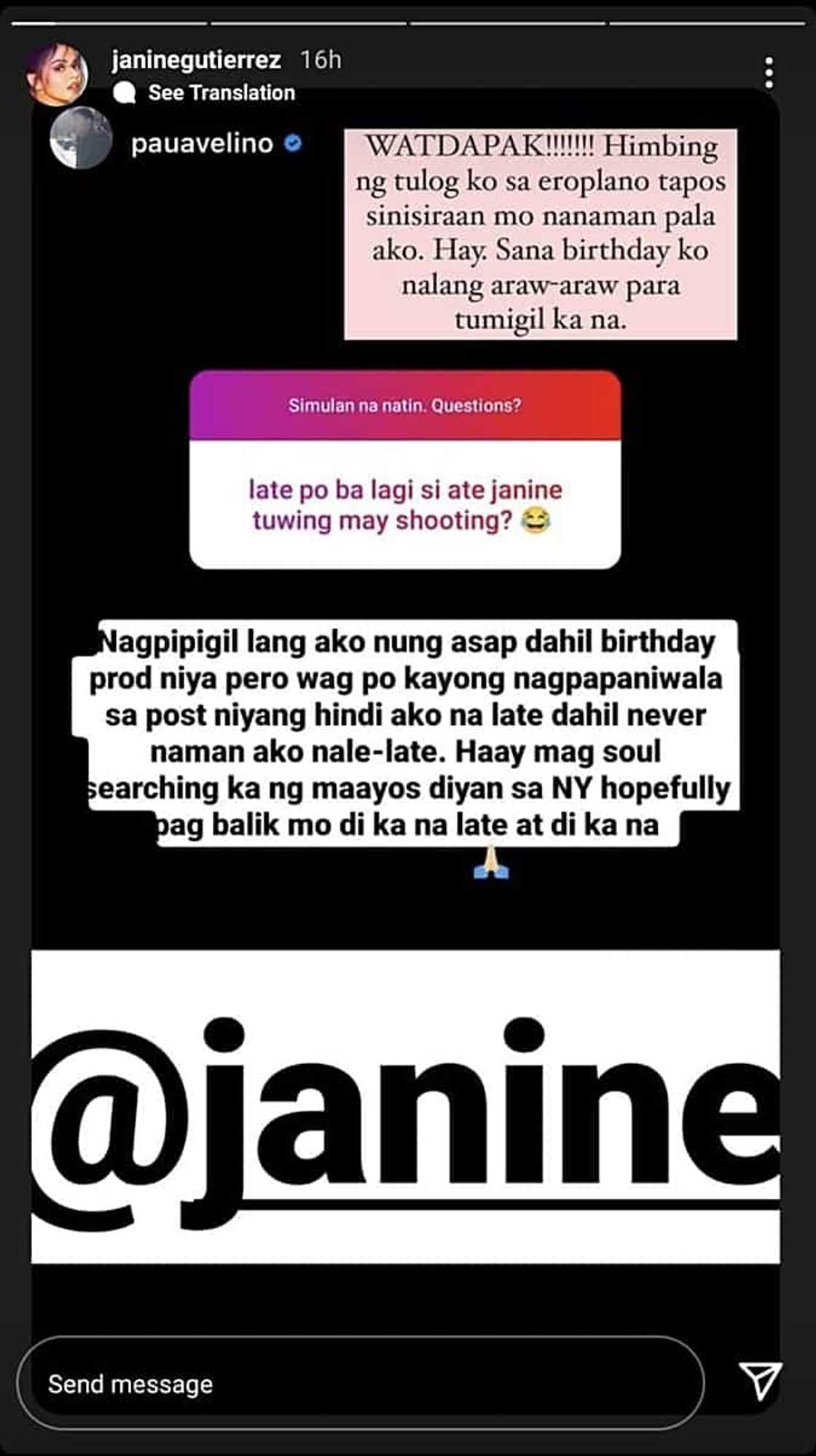 Janine Gutierrez, napamura dahil sa "di ka na late" post ni Paulo Avelino tungkol sa kanya Janine Gutierrez, napamura dahil sa "di ka na late" post ni Paulo Avelino tungkol sa kanya