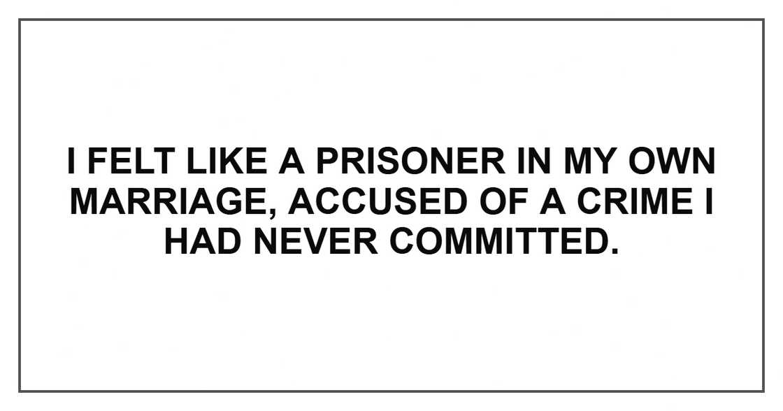 I felt like a prisoner in my own marriage, accused of a crime I had never committed. I felt like a prisoner in my own marriage, accused of a crime I had never committed.