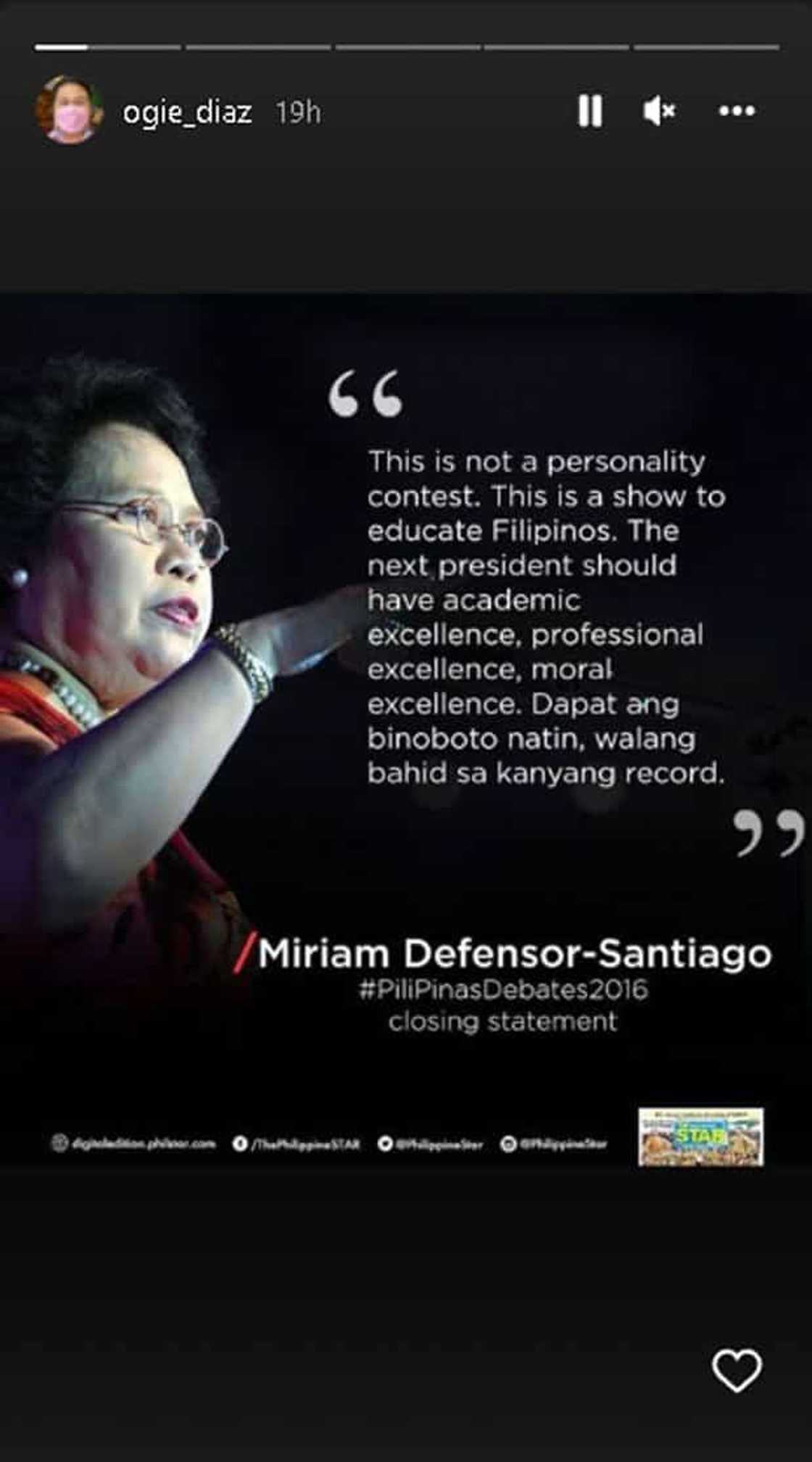 Ogie Diaz, ibinahagi mga sinabi ni Miriam Defensor noon: "Dapat binoboto walang bahid sa kanyang record" Ogie Diaz, ibinahagi mga sinabi ni Miriam Defensor noon: "Dapat binoboto walang bahid sa kanyang record"