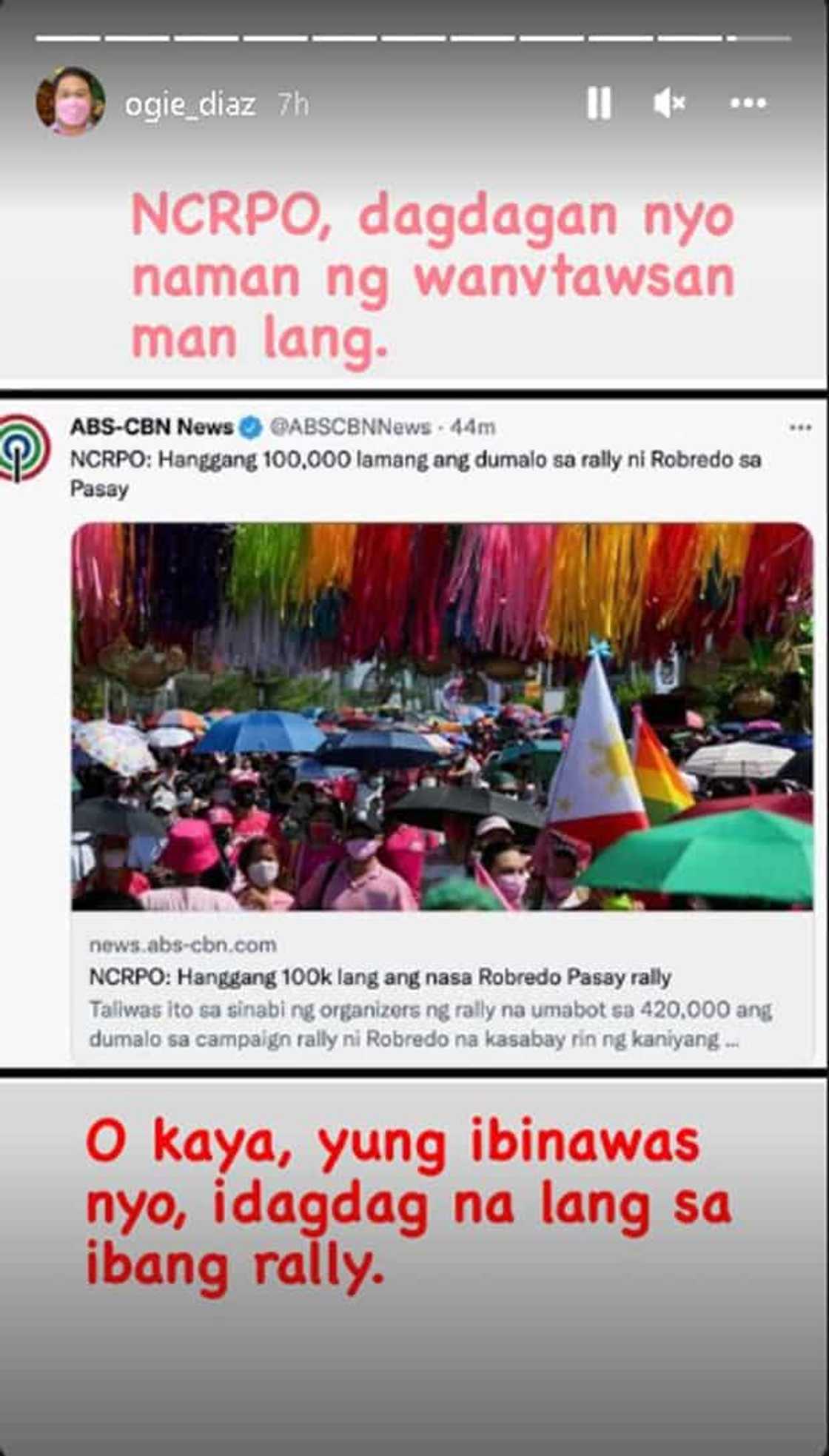 Ogie Diaz, hinikayat ang NCRPO na dagdagan kahit 1,000 ang crowd estimate na 100K sa Pasay rally Ogie Diaz, hinikayat ang NCRPO na dagdagan kahit 1,000 ang crowd estimate na 100K sa Pasay rally