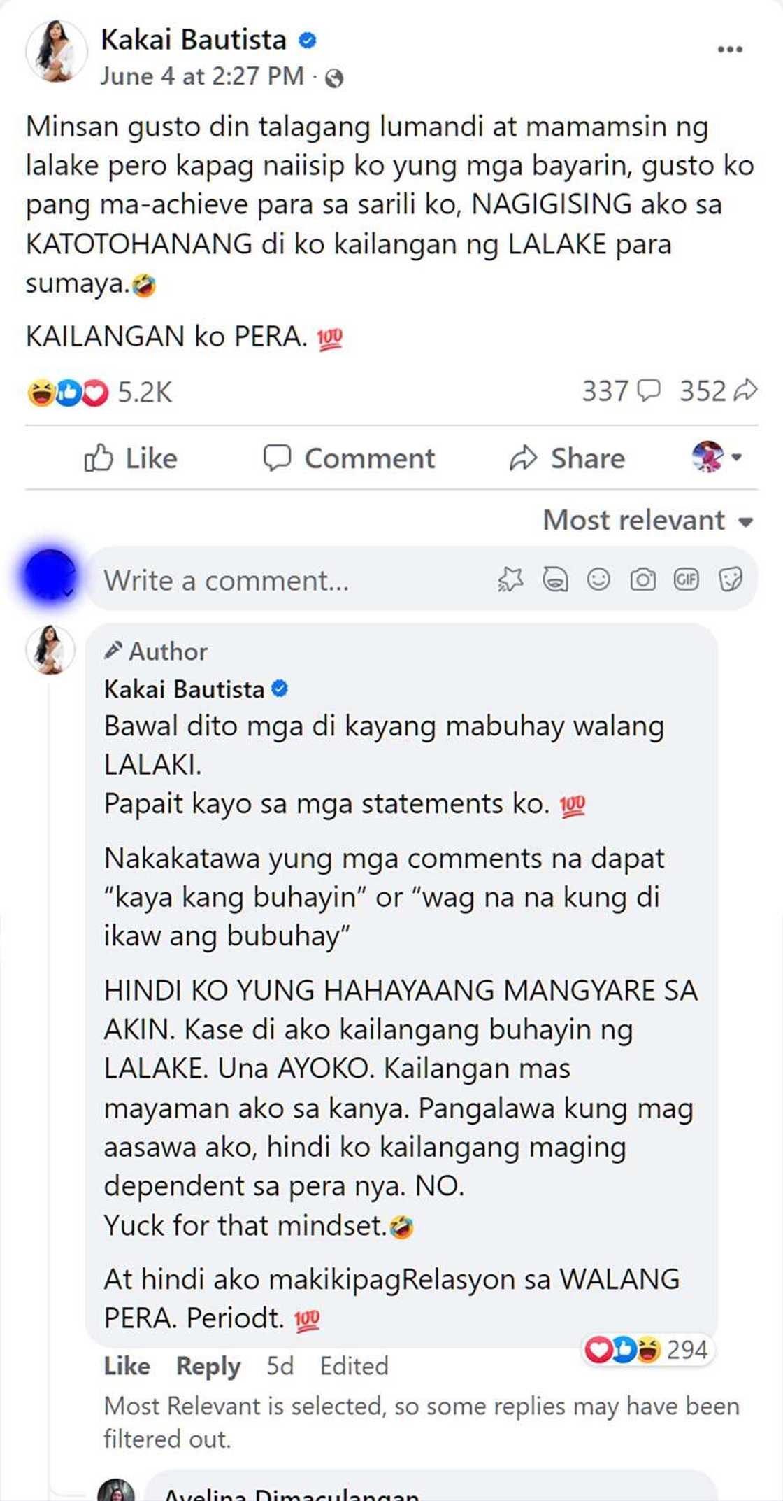 Kakai Bautista, mas gusto raw ng pera kesa lalaki: “Nagigising ako sa katotohanang di ko kailangan ng lalake” Kakai Bautista, mas gusto raw ng pera kesa lalaki: “Nagigising ako sa katotohanang di ko kailangan ng lalake”