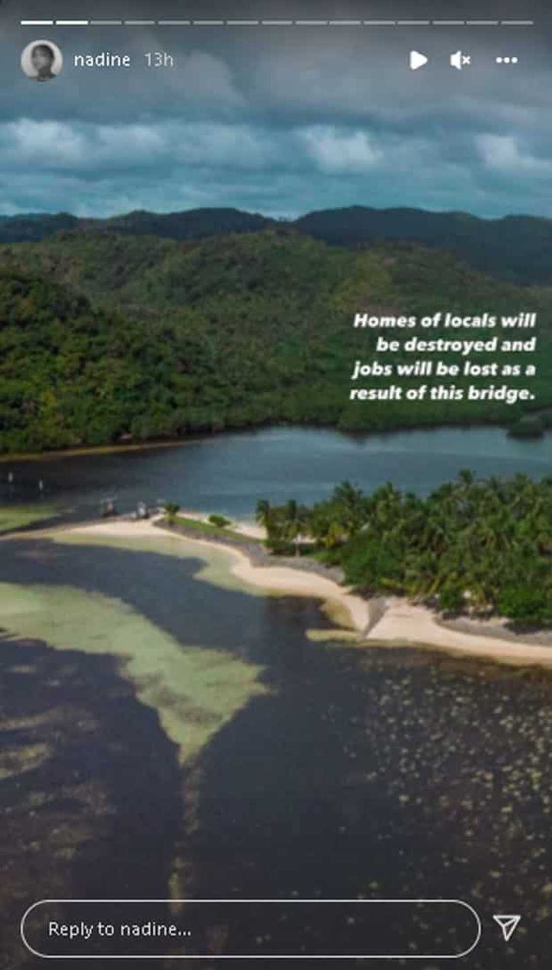 Nadine Lustre, ibinahagi umano'y pagtutol ng taga-Siargao sa pina-fast track na ipapatayong P144-Milyong tulay Nadine Lustre, ibinahagi umano'y pagtutol ng taga-Siargao sa pina-fast track na ipapatayong P144-Milyong tulay