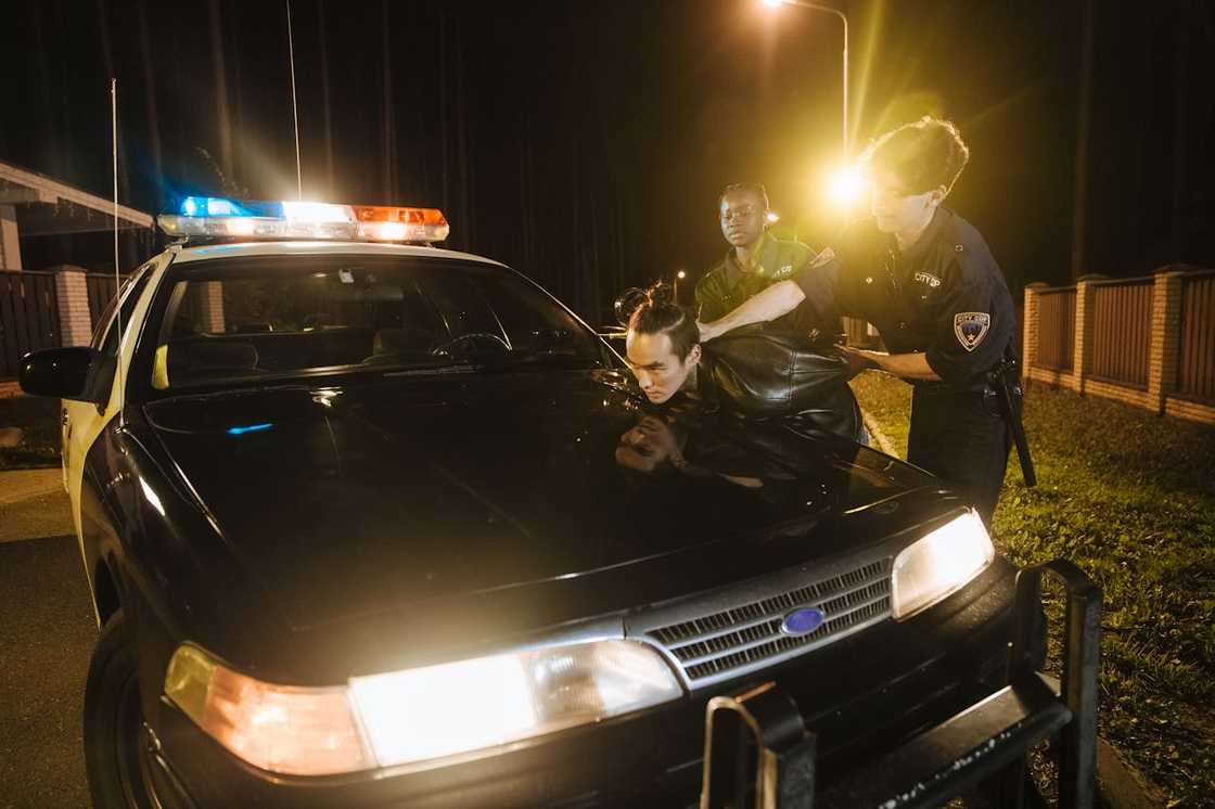 Police officers restrain a man on the hood of a patrol car at night.
