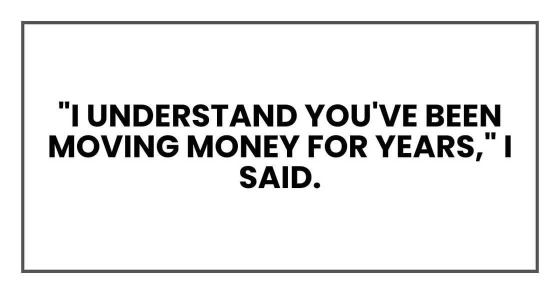 "I understand you've been moving money for years," I said. "I understand you've been moving money for years," I said.