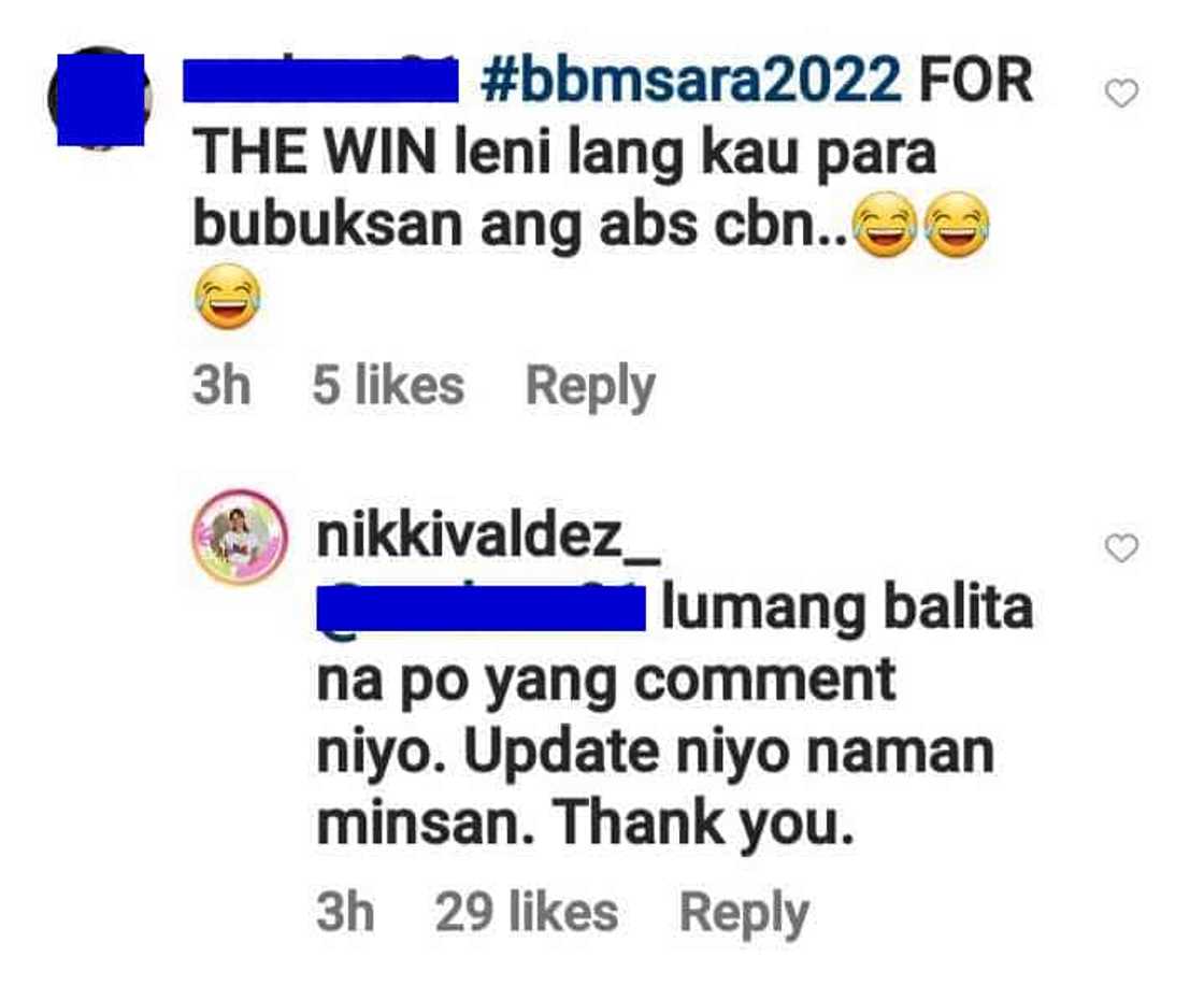 Nikki Valdez claps back at netizen’s claim that celebs support VP Leni “para bubuksan ang ABS-CBN” Nikki Valdez claps back at netizen’s claim that celebs support VP Leni “para bubuksan ang ABS-CBN”