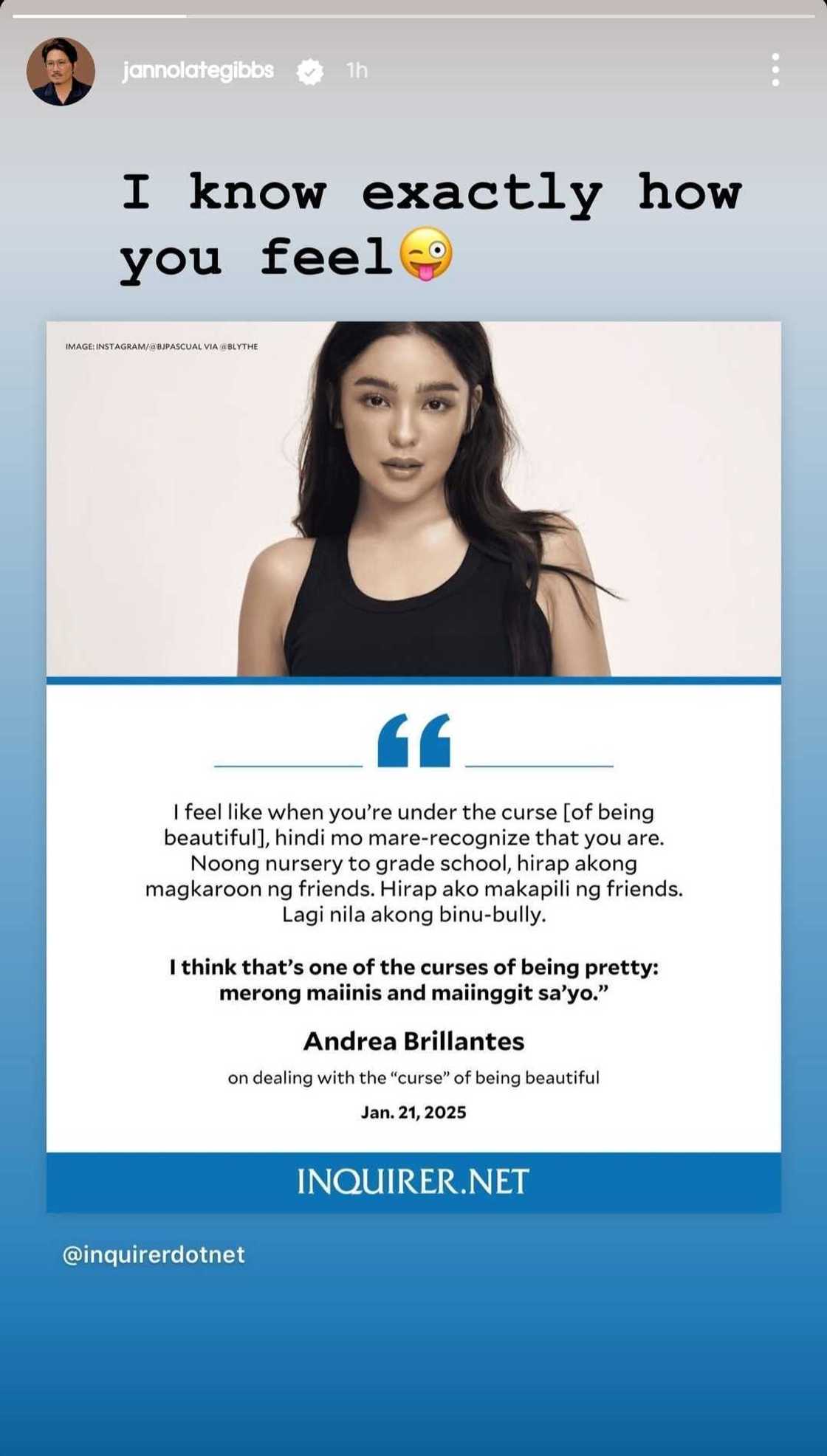 Janno Gibbs, nag-react sa 'the curse of being pretty' na comment ni Andrea Brillantes