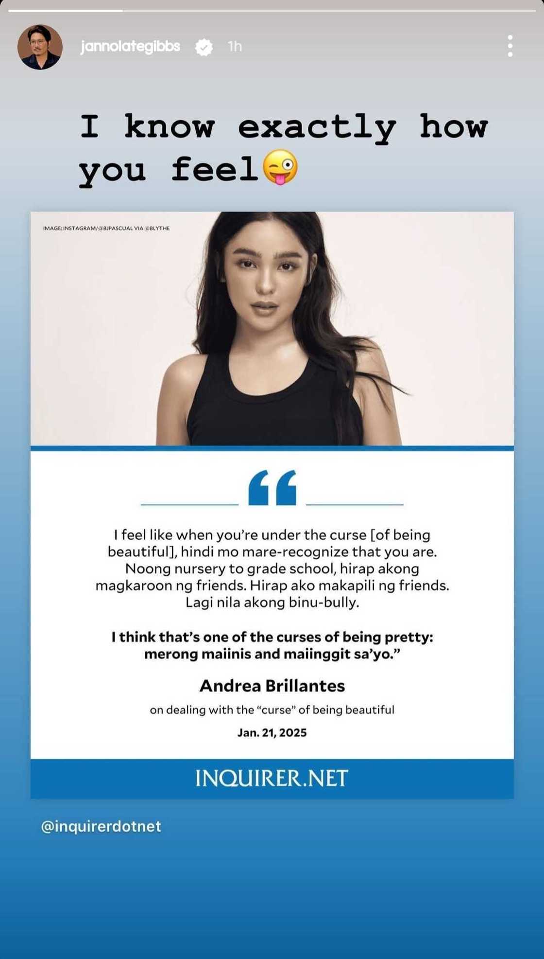 Janno Gibbs, nag-react sa 'the curse of being pretty' na comment ni Andrea Brillantes Janno Gibbs, nag-react sa 'the curse of being pretty' na comment ni Andrea Brillantes