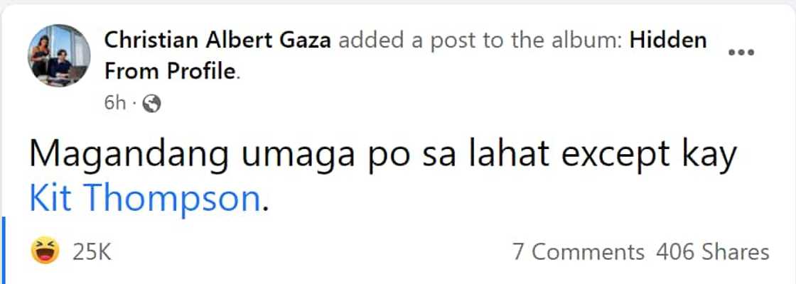 Xian Gaza, tinag si Kit Thompson sa isang post; binati ang lahat maliban sa aktor