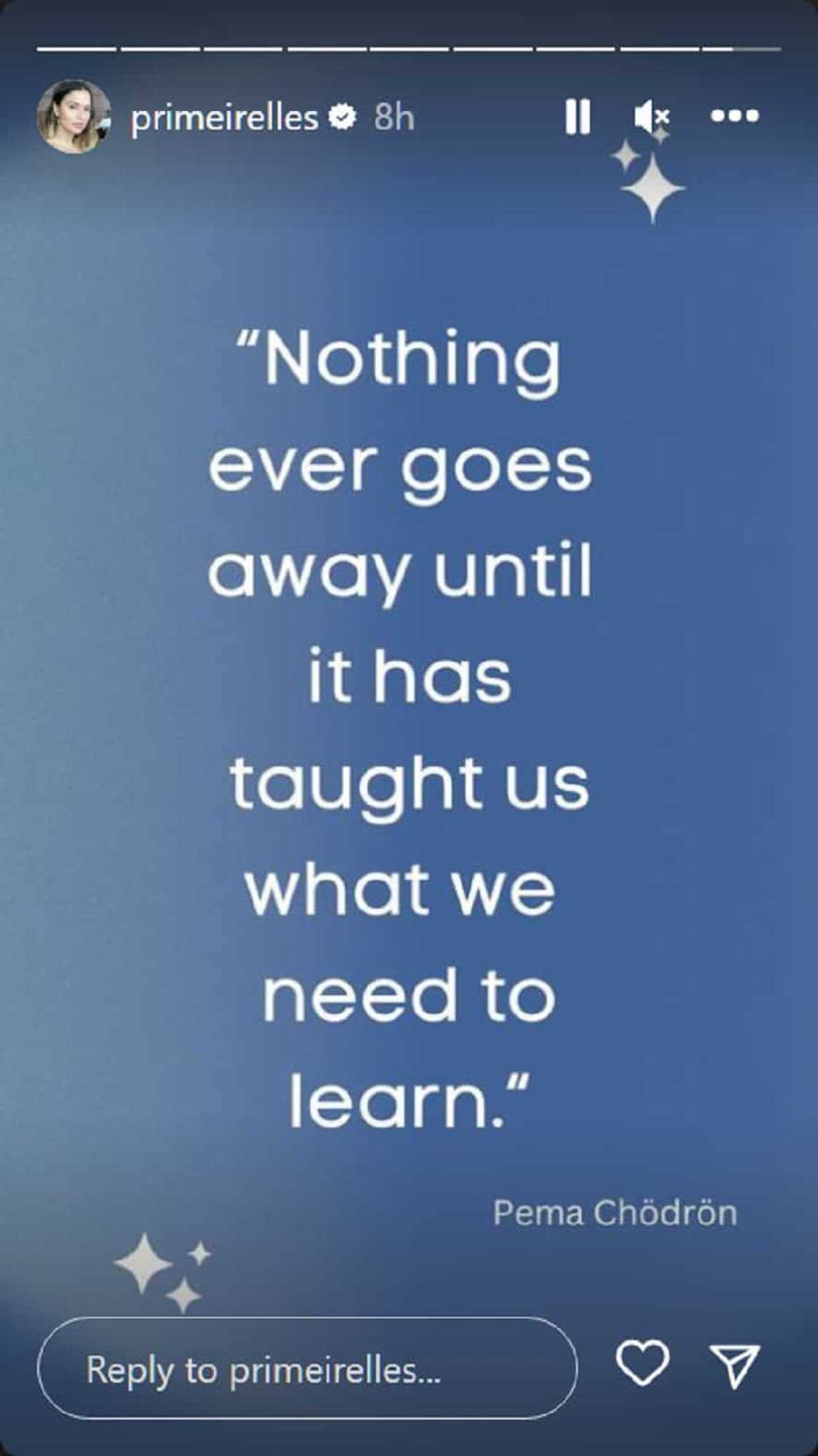 Priscilla Meirelles, nagpakawala ng panibagong hugot online: "Nothing ever goes away until it has taught us” Priscilla Meirelles, nagpakawala ng panibagong hugot online: "Nothing ever goes away until it has taught us”