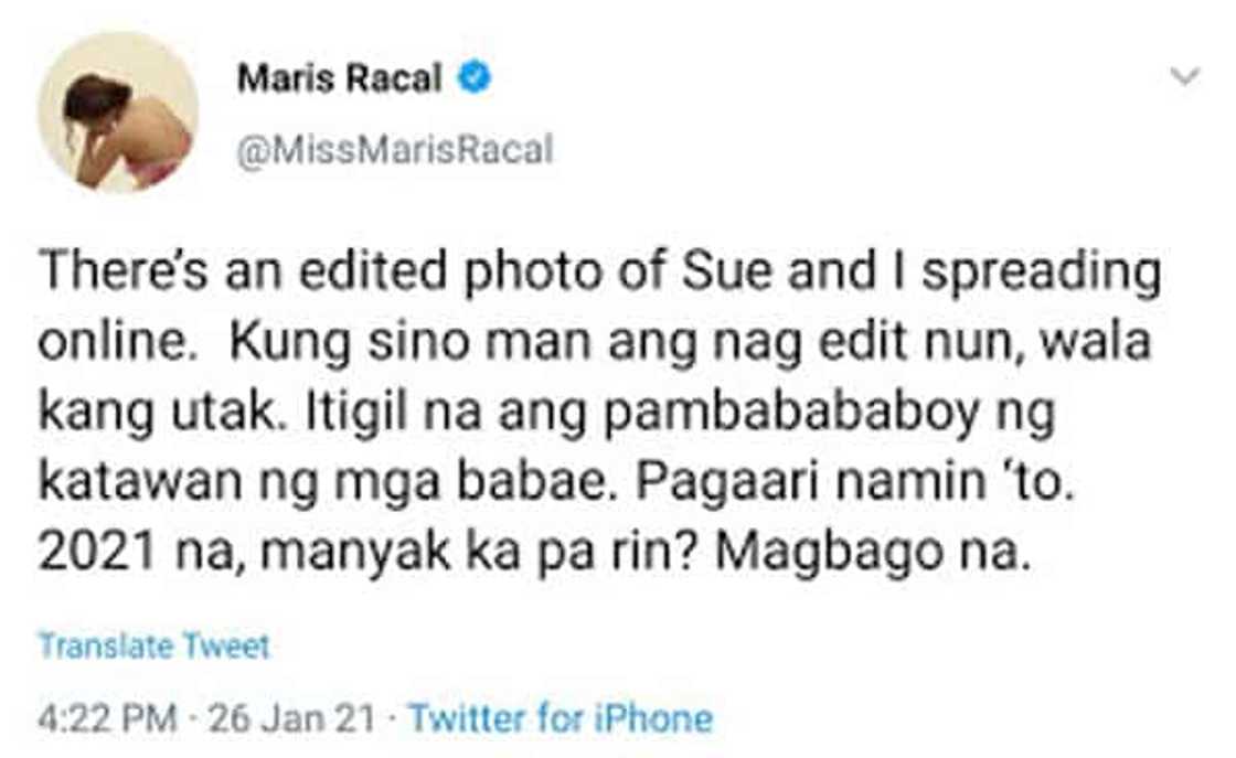 Maris Racal unleashes fury against creator of her and Sue Ramirez's edited photos Maris Racal unleashes fury against creator of her and Sue Ramirez's edited photos