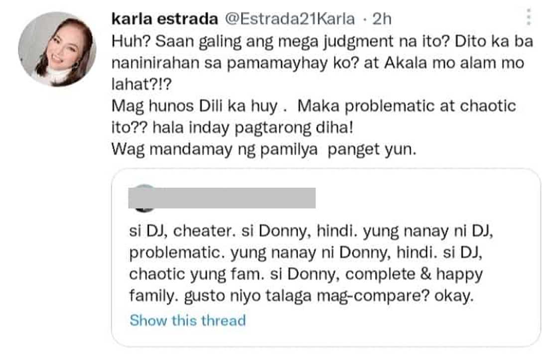 Karla Estrada, rumesbak sa basher na pinagkumpara pamilya nina Daniel Padilla at Donny Pangilinan