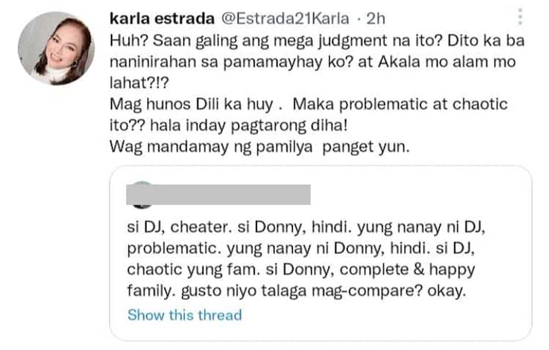 Karla Estrada, rumesbak sa basher na pinagkumpara pamilya nina Daniel Padilla at Donny Pangilinan Karla Estrada, rumesbak sa basher na pinagkumpara pamilya nina Daniel Padilla at Donny Pangilinan
