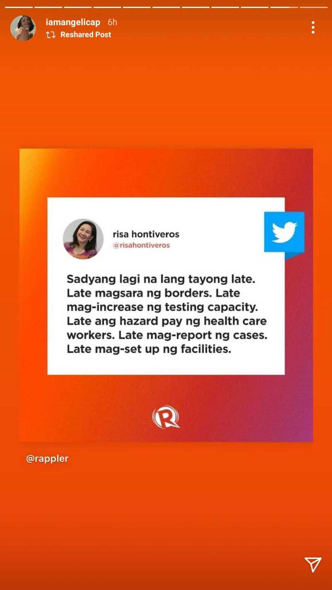 Angelica Panganiban bravely retweets "late" list of Sen. Hontiveros; takes a swipe at COVID response of PH Angelica Panganiban bravely retweets "late" list of Sen. Hontiveros; takes a swipe at COVID response of PH
