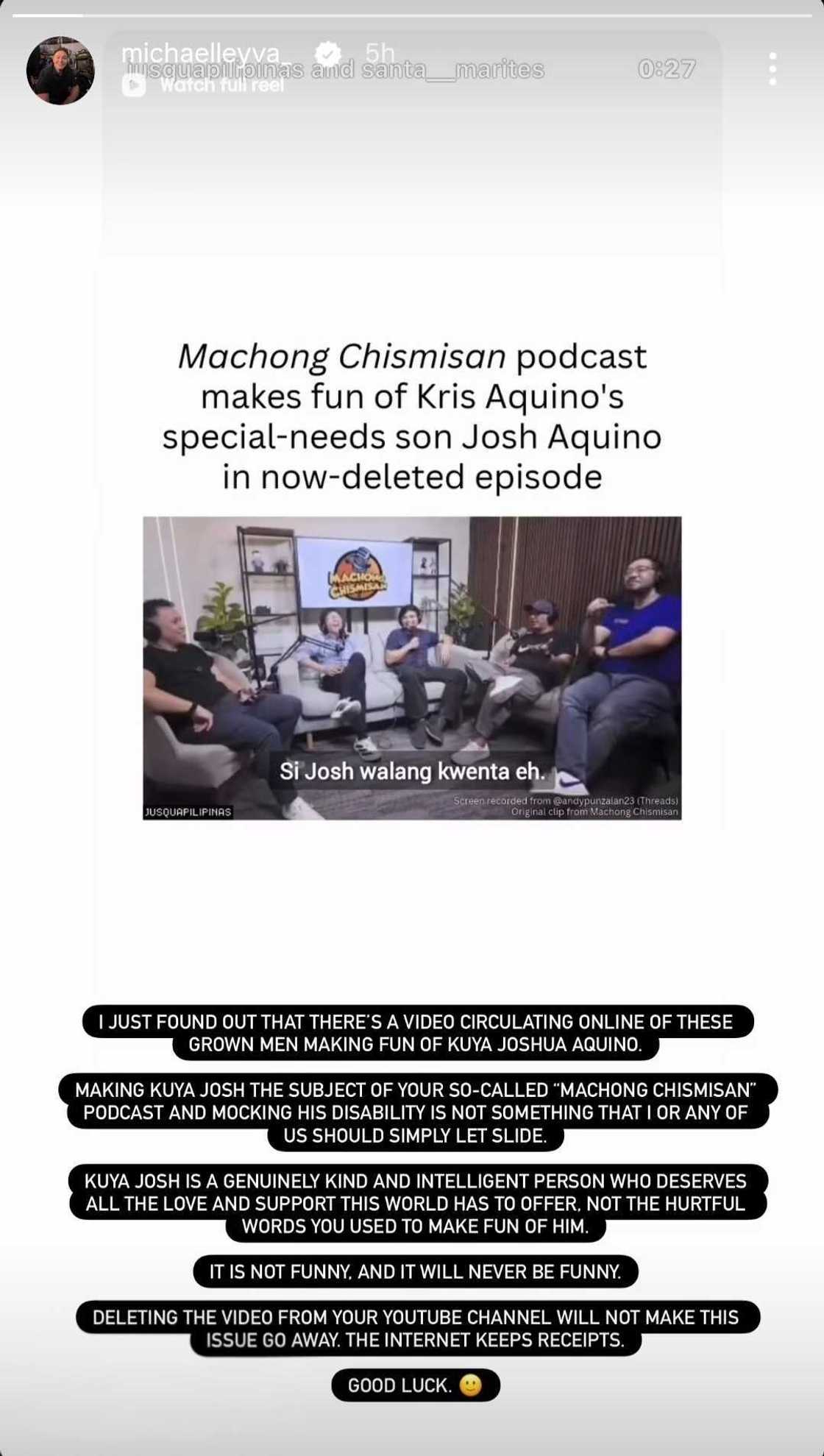 Michael Leyva calls out 'Machong Chismisan' hosts for making fun of Josh Aquino Michael Leyva calls out 'Machong Chismisan' hosts for making fun of Josh Aquino