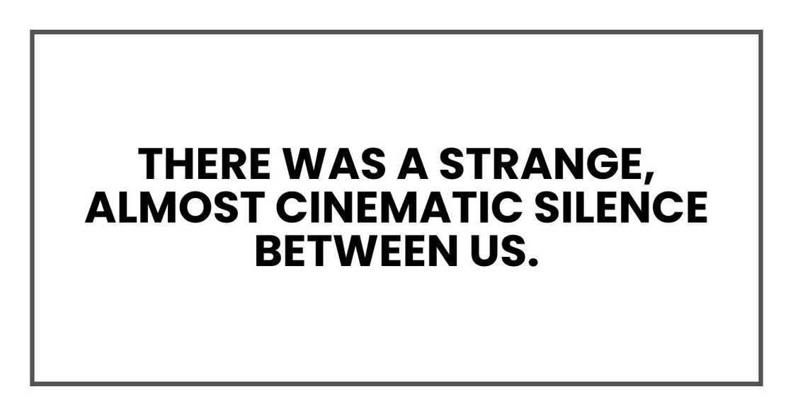 There was a strange, almost cinematic silence between us. There was a strange, almost cinematic silence between us.