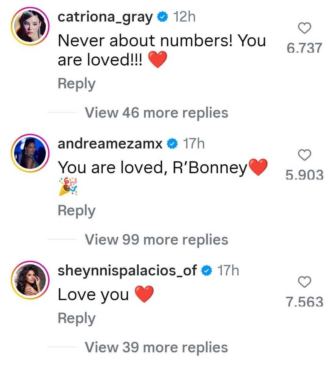 Catriona Gray, fellow Miss Universe queens react to R’Bonney Gabriel finally hitting 1M followers Catriona Gray, fellow Miss Universe queens react to R’Bonney Gabriel finally hitting 1M followers