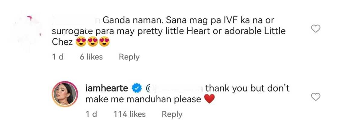 Heart Evangelista, pinakiusapan ang isang netizen na wag siyang manduhan tungkol sa pagkakaroon ng anak Heart Evangelista, pinakiusapan ang isang netizen na wag siyang manduhan tungkol sa pagkakaroon ng anak