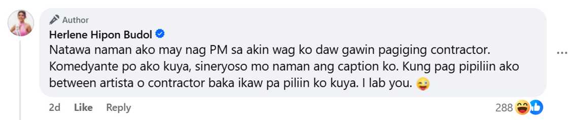 Herlene Budol after career shift joke: “May nag-PM sa akin, wag ko daw gawin pagiging contractor” Herlene Budol after career shift joke: “May nag-PM sa akin, wag ko daw gawin pagiging contractor”