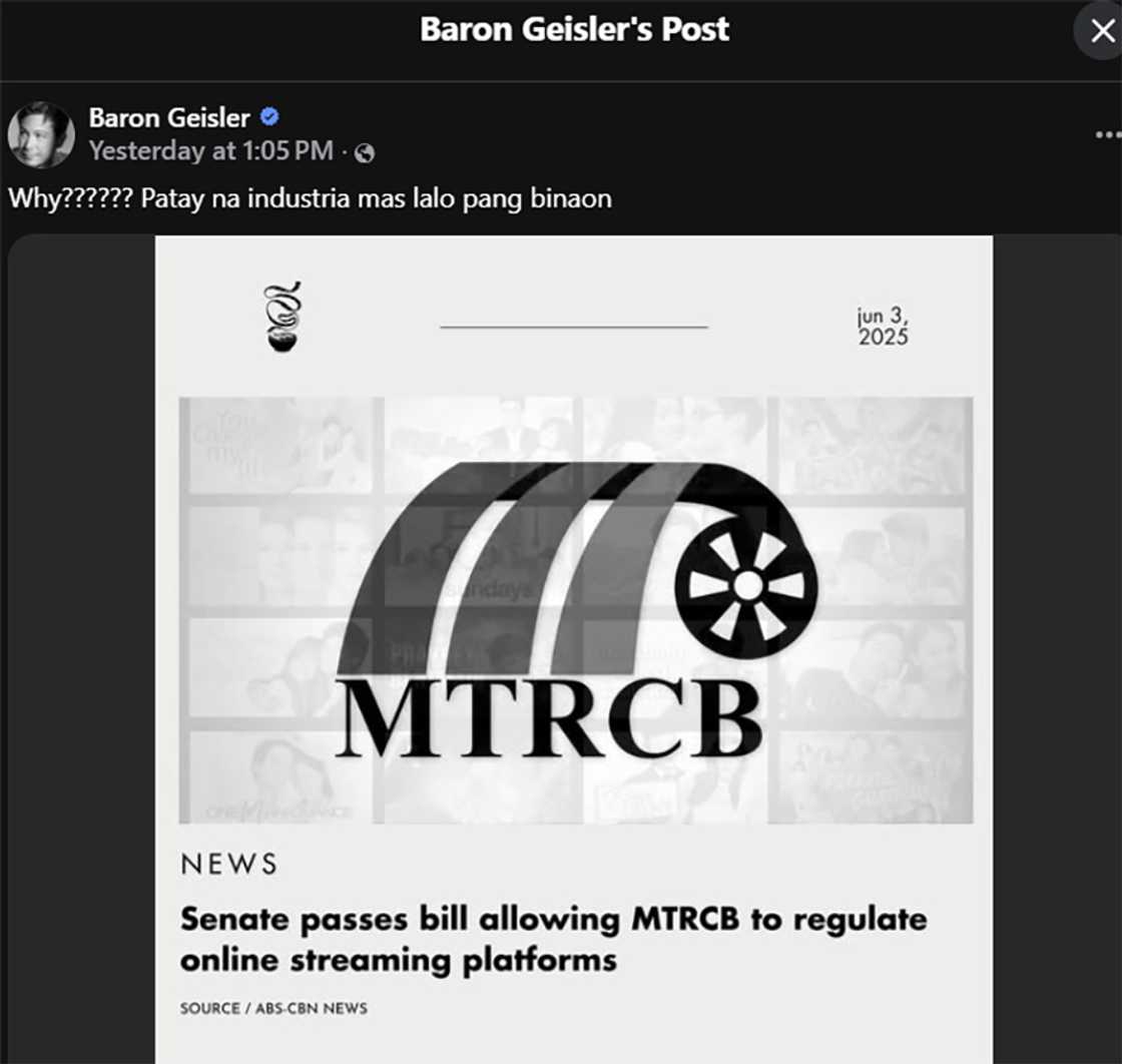 Baron Geisler, kinuwestiyon pagpasa ng Senate bill na nagpa-palawak ng kapangyarihan ng MTRCB