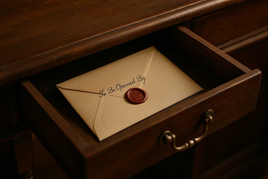 Sealed envelope in wooden desk drawer.