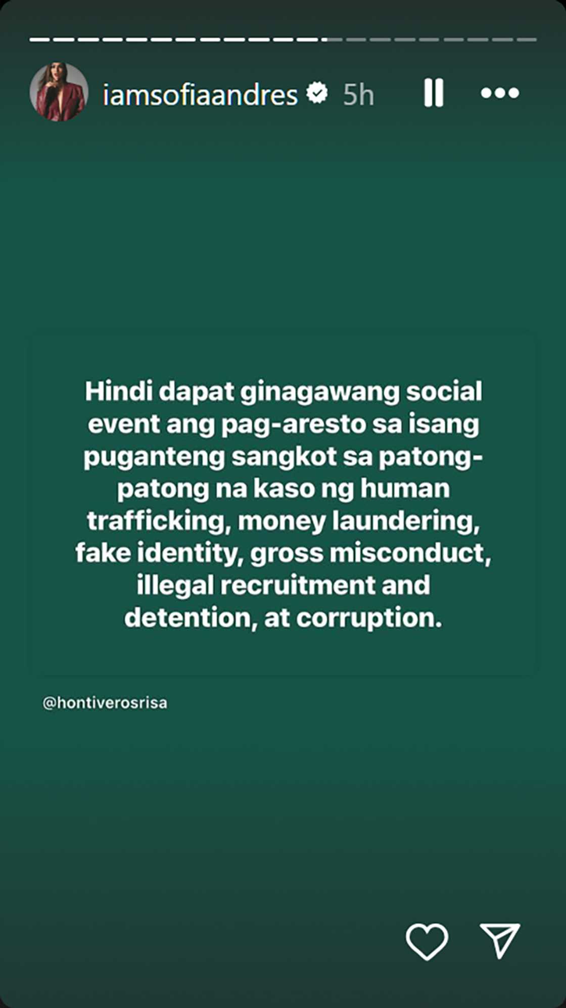 Sofia Andres, nirepost sa kanyang socmed account sinabi ni Sen. Hontiveros ukol kay Alice Guo