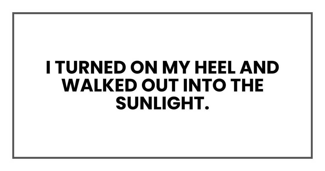 I turned on my heel and walked out into the sunlight. I'd already made things right. I turned on my heel and walked out into the sunlight. I'd already made things right.