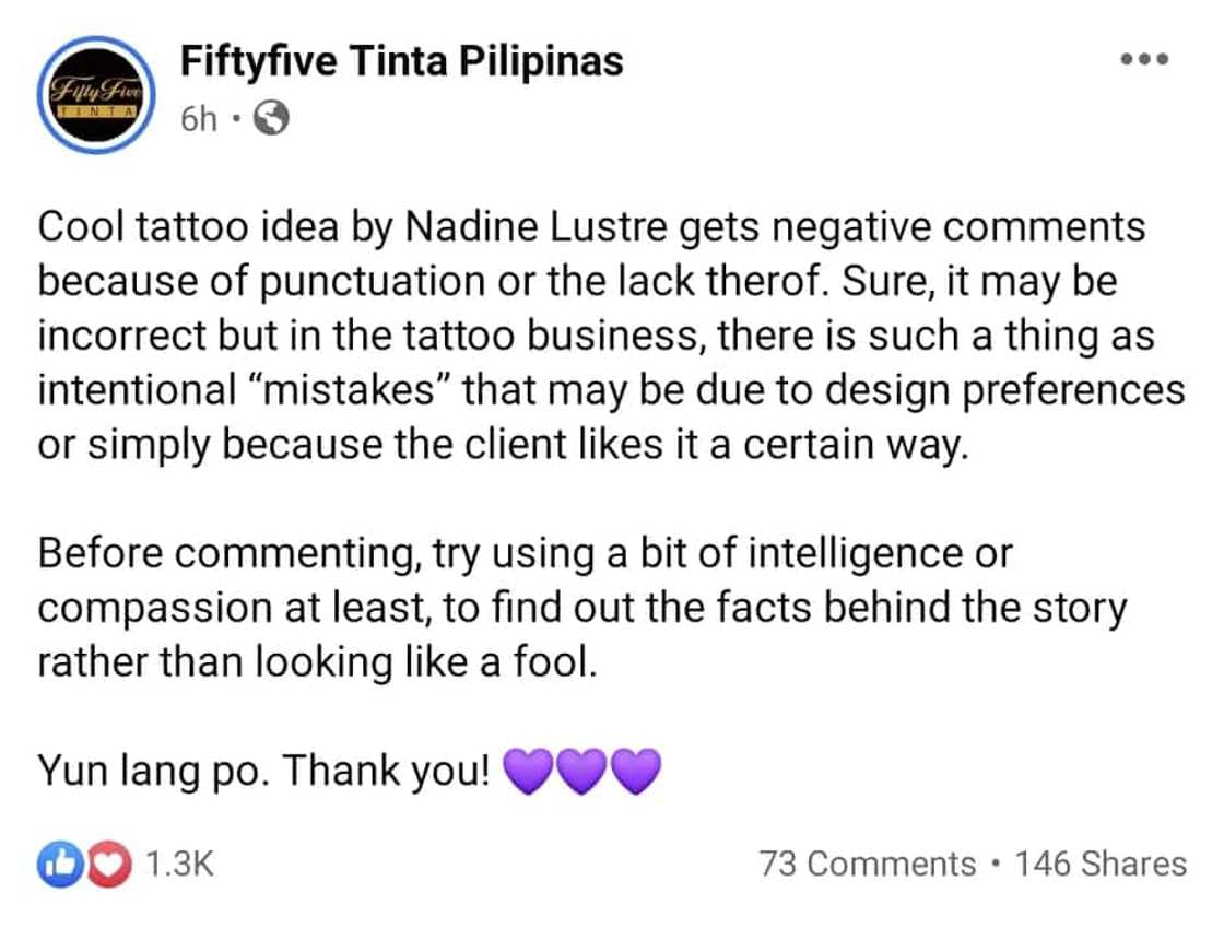 Tattoo shop, dinepensahan ang "thats it" tattoo ni Nadine Lustre mula sa mga bashers Tattoo shop, dinepensahan ang "thats it" tattoo ni Nadine Lustre mula sa mga bashers