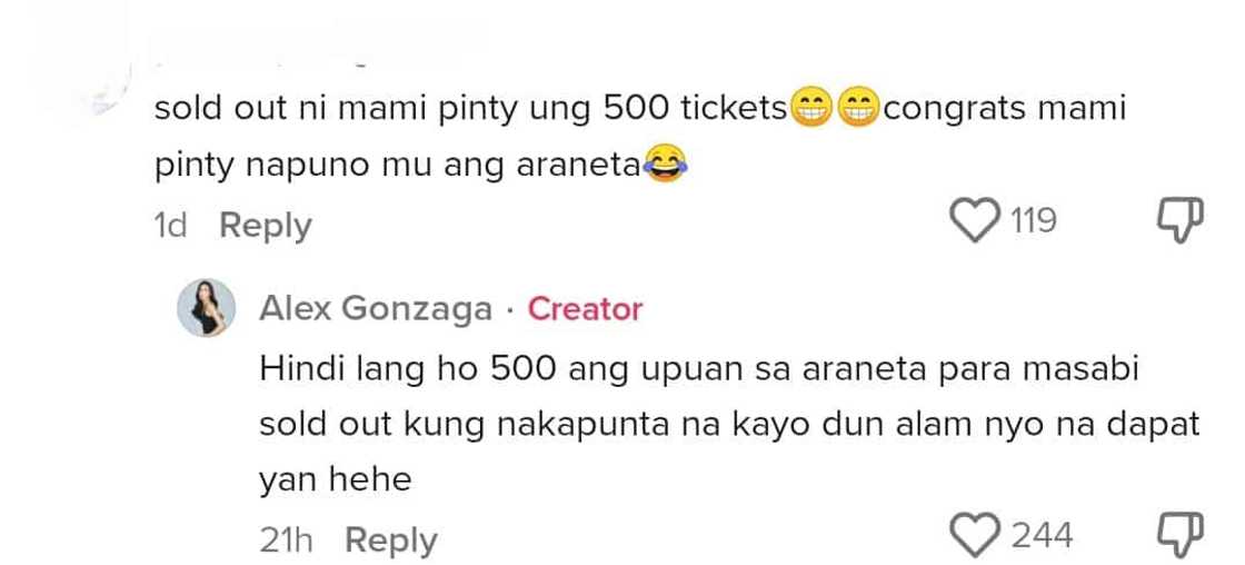 Alex Gonzaga slams comment about Mommy Pinty buying 500 tickets for Toni’s concert Alex Gonzaga slams comment about Mommy Pinty buying 500 tickets for Toni’s concert