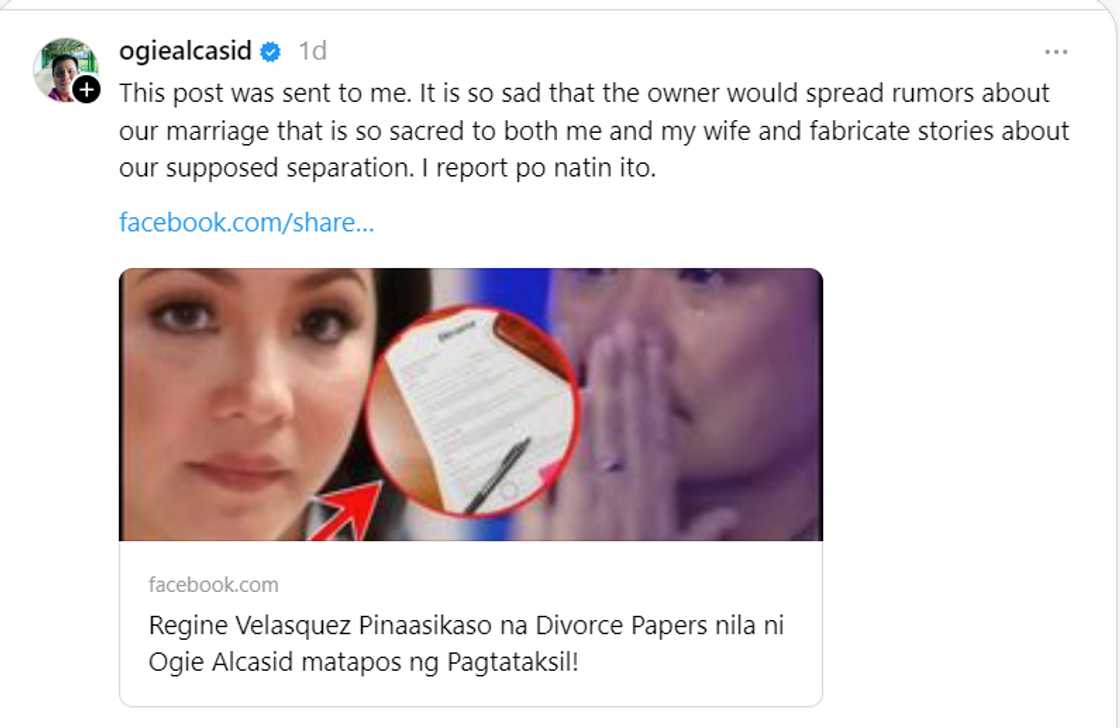 Ogie Alcasid, umalma sa fake news tungkol sa kanila ni Regine Velasquez