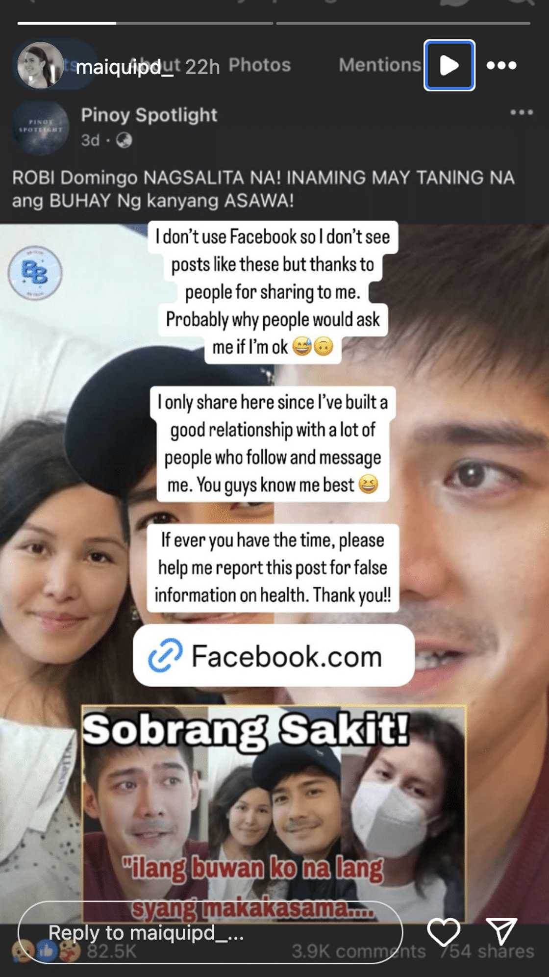 Misis ni Robi Domingo na si Maiqui Pineda, pinabulaanan ang report na may taning na buhay niya