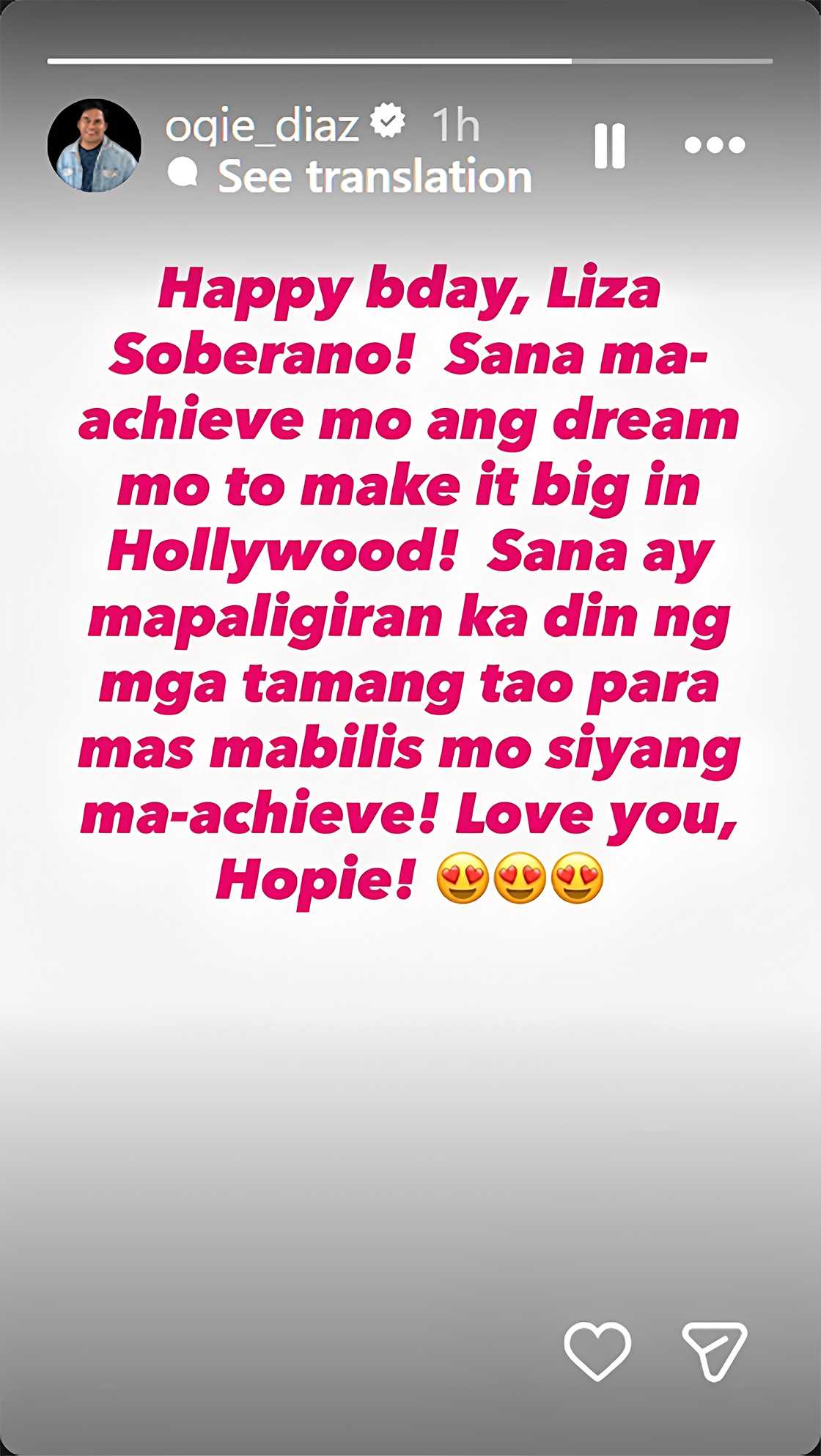 Ogie Diaz shares heartfelt birthday wish for Liza Soberano: “Love you, Hopie” Ogie Diaz shares heartfelt birthday wish for Liza Soberano: “Love you, Hopie”