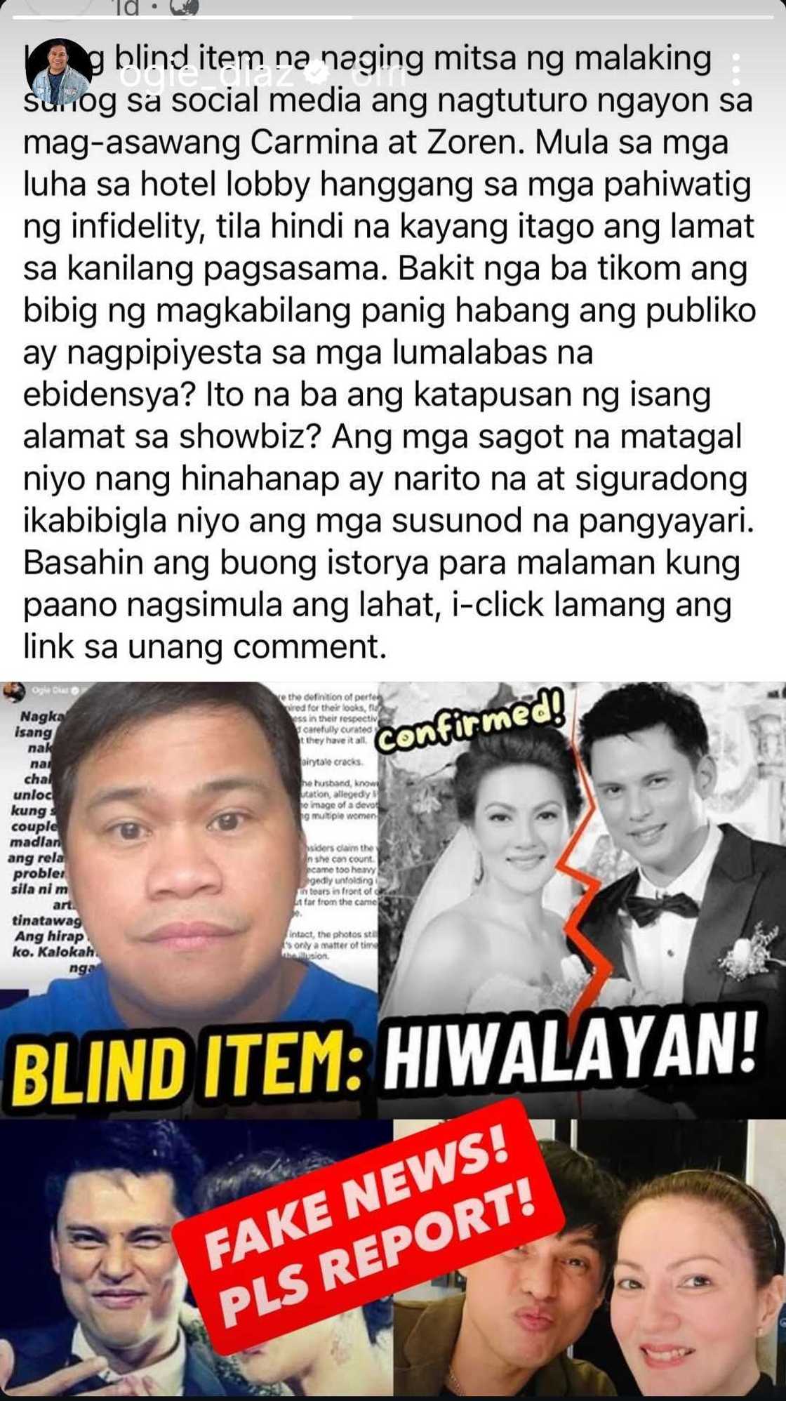 Ogie Diaz warns public against post about Carmina Villarroel, Zoren Legaspi
