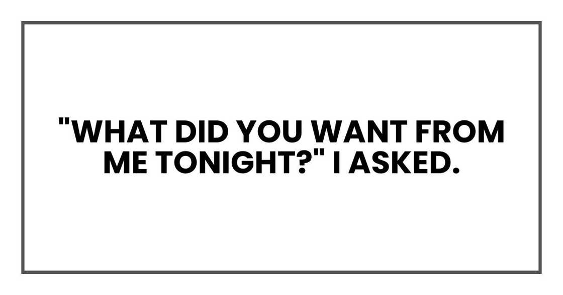 "What did you want from me tonight?" I asked. "What did you want from me tonight?" I asked.