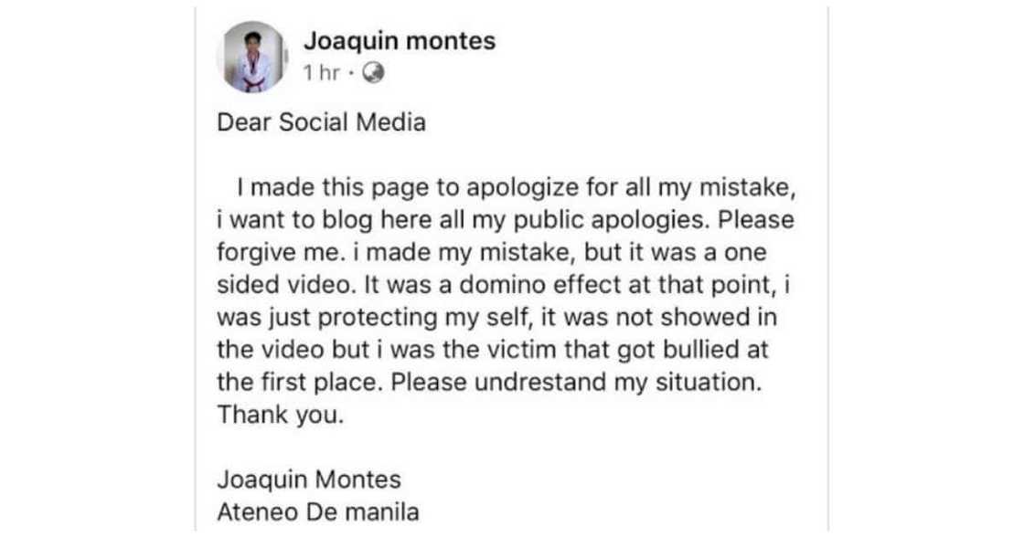 Ateneo student, nag-sorry na! Depensa niya, one-sided lang ang video Ateneo student, nag-sorry na! Depensa niya, one-sided lang ang video