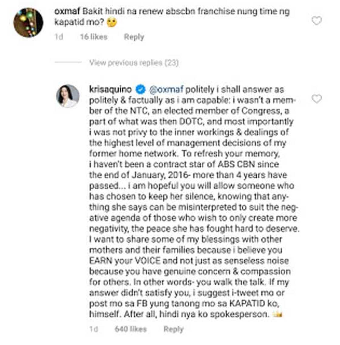 Kris Aquino breaks silence, responds haughtily to netizen who asked about ABS-CBN's franchise Kris Aquino breaks silence, responds haughtily to netizen who asked about ABS-CBN's franchise