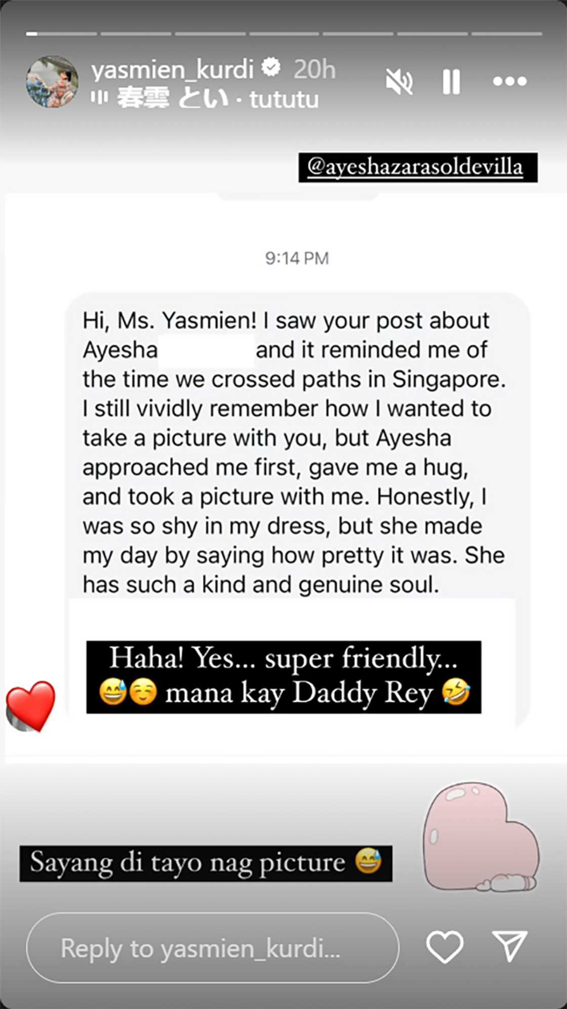 Yasmien Kurdi, ibinahagi ang message ng netizen ukol sa encounter niya kay Ayesha Yasmien Kurdi, ibinahagi ang message ng netizen ukol sa encounter niya kay Ayesha