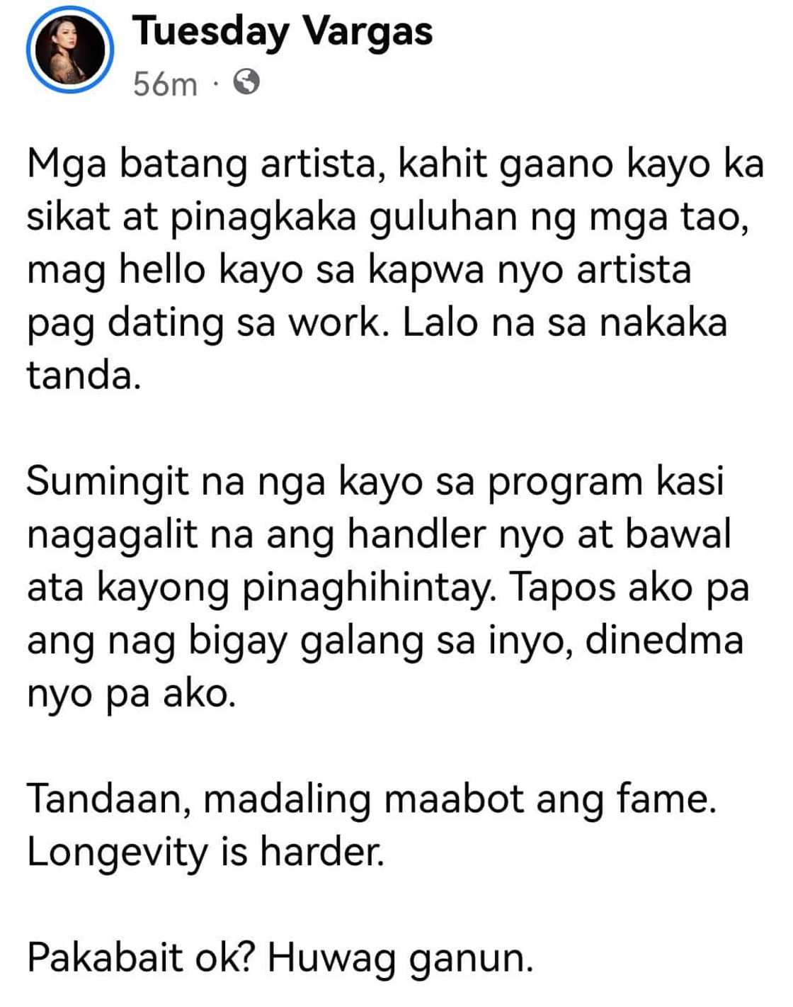 Tuesday Vargas, umalma sa dalawang batang artista na nan-dedma at sumingit umano Tuesday Vargas, umalma sa dalawang batang artista na nan-dedma at sumingit umano