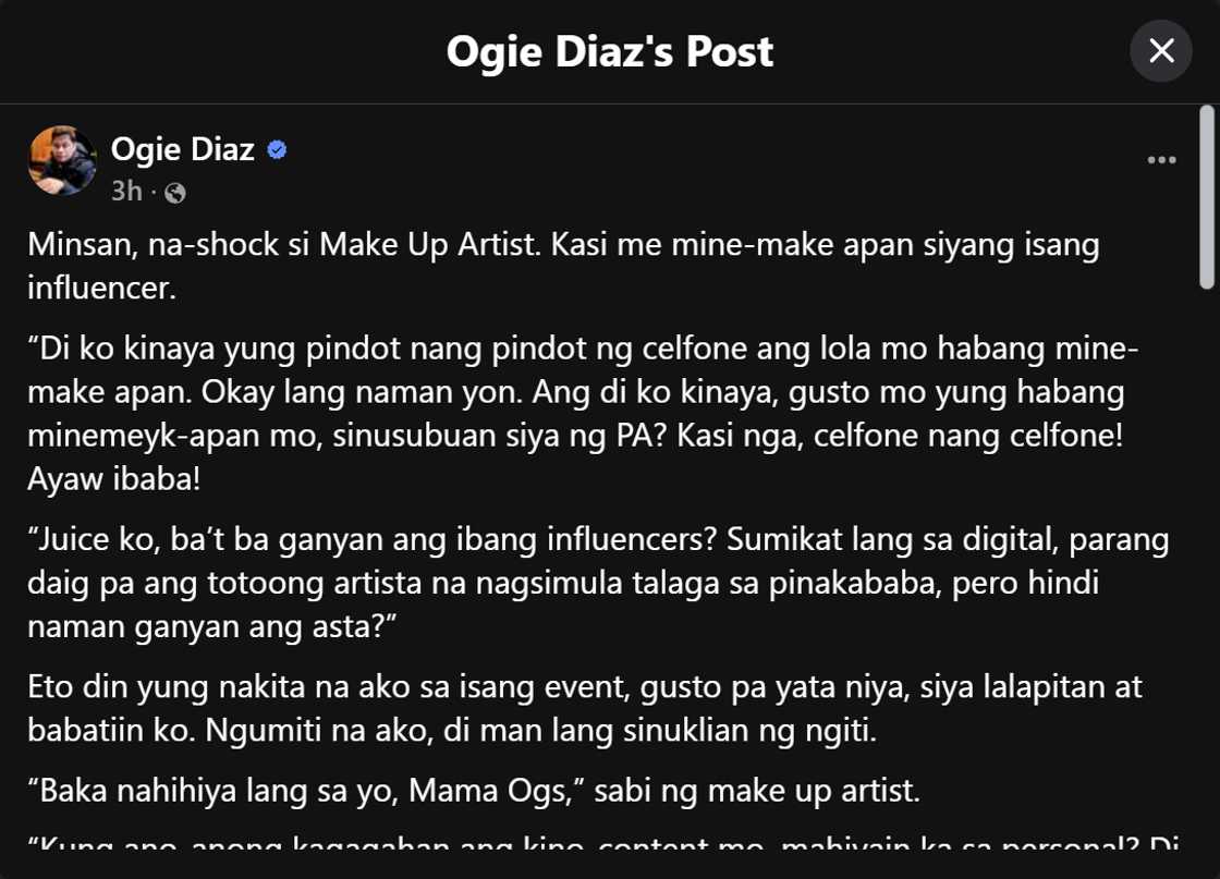 Ogie Diaz, di kinaya isang influencer na umano'y nagpapasubo sa PA dahil ayaw ibaba cellphone