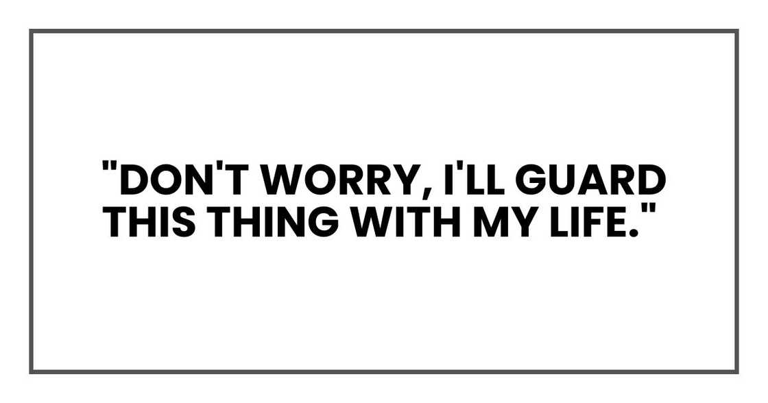 "Don't worry, I'll guard this thing with my life," "Don't worry, I'll guard this thing with my life,"