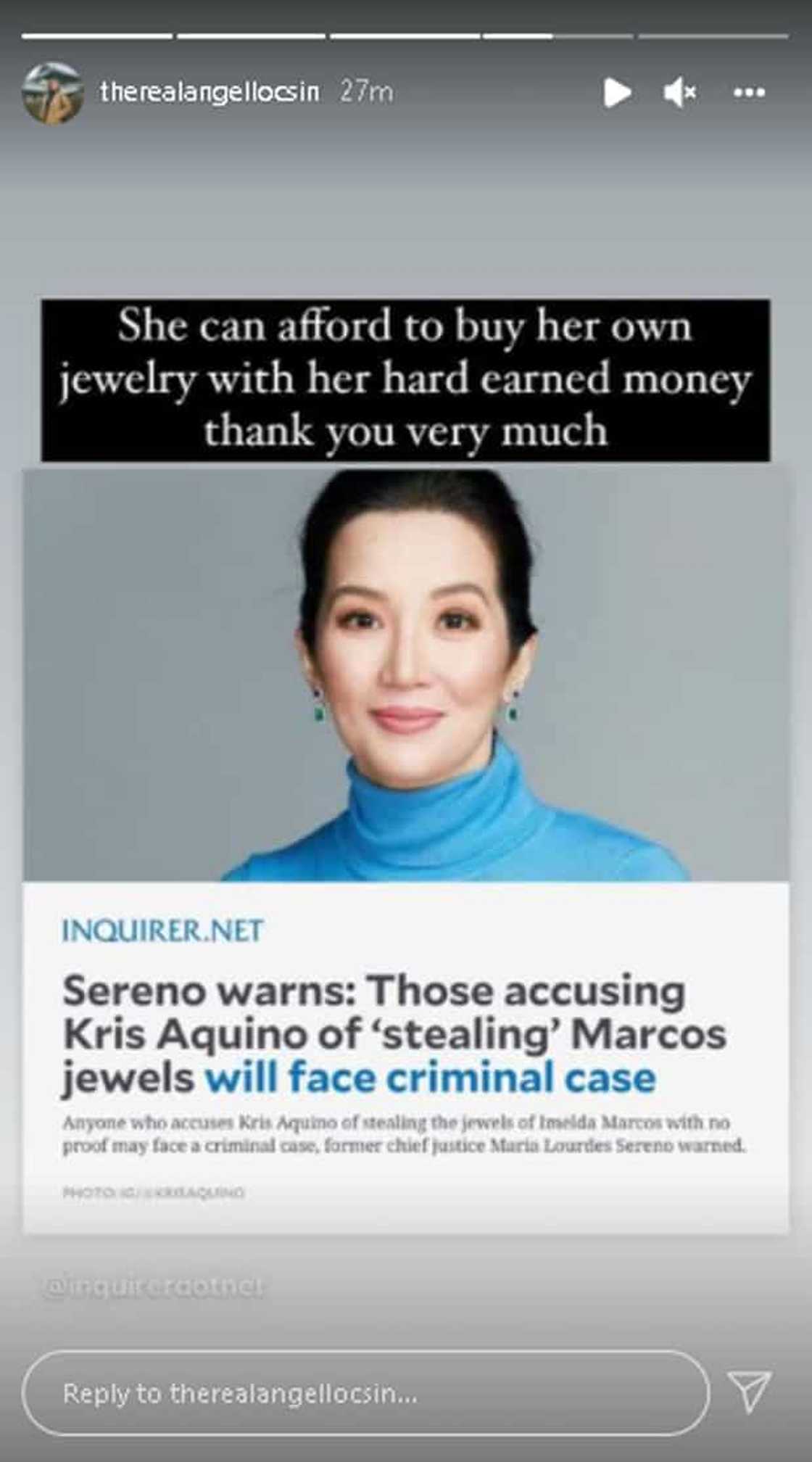 Angel Locsin, dinepensahan si Kris Aquino sa akusasyong ninakaw umano ang Marcos jewels Angel Locsin, dinepensahan si Kris Aquino sa akusasyong ninakaw umano ang Marcos jewels