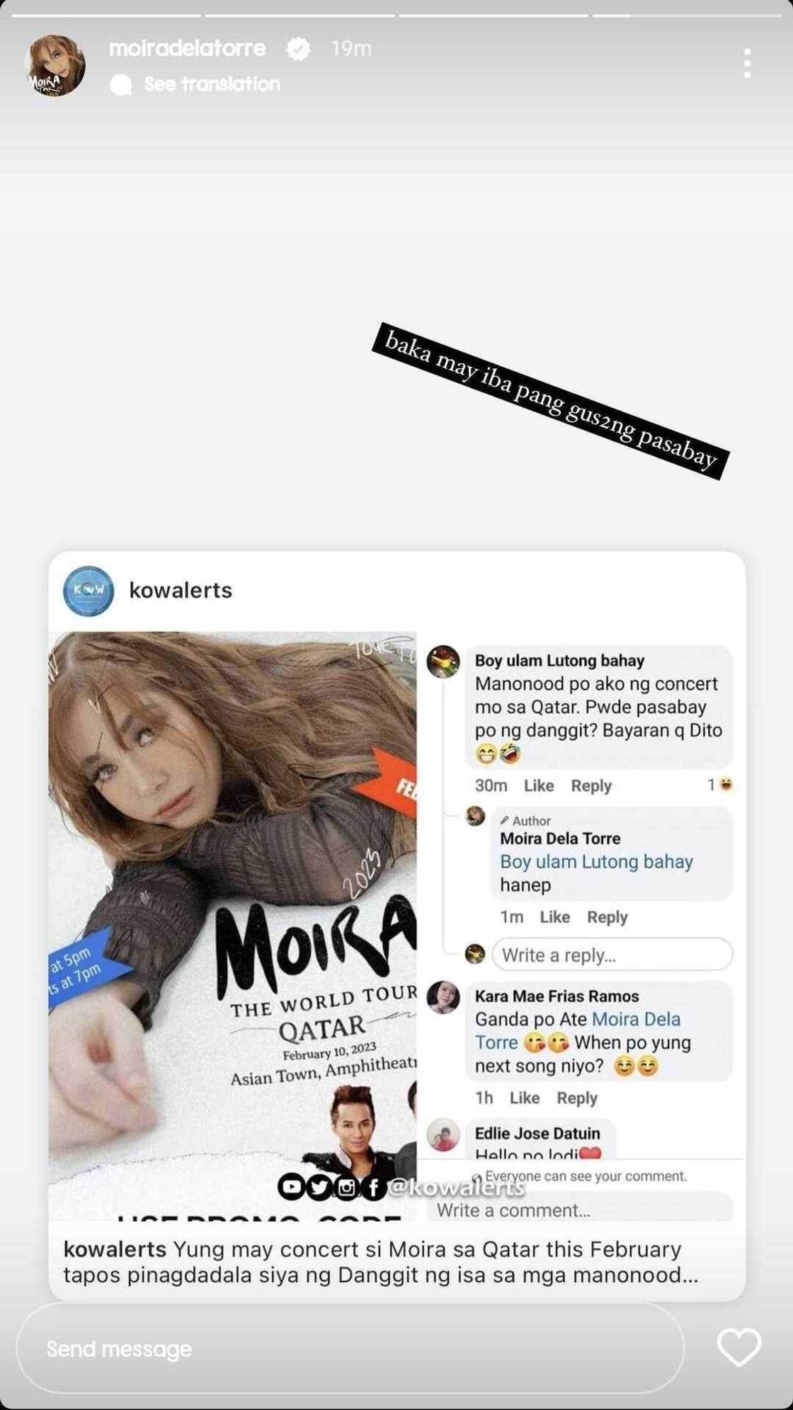 Moira Dela Torre, biniro ang ilang mga kababayang OFW sa Qatar: "Baka may iba pang gustong pasabay" Moira Dela Torre, biniro ang ilang mga kababayang OFW sa Qatar: "Baka may iba pang gustong pasabay"