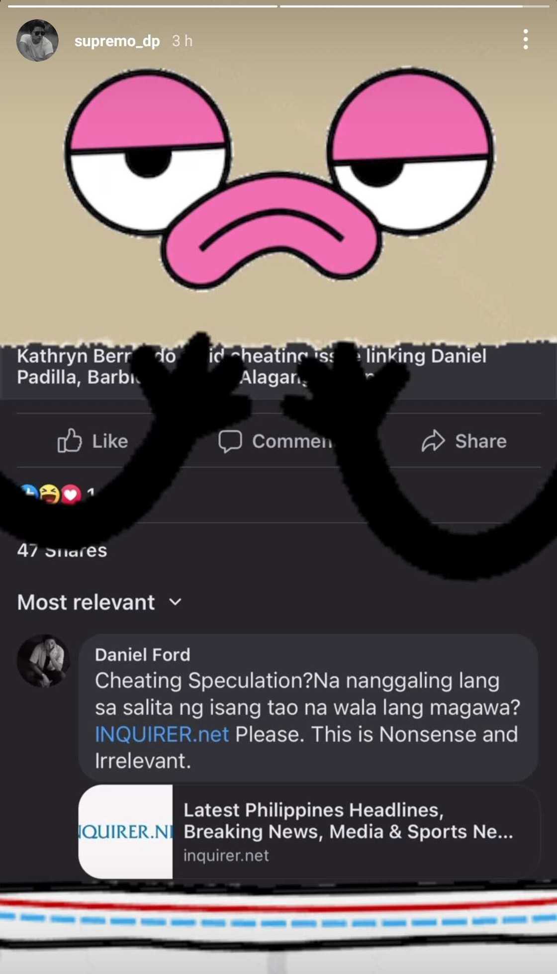Daniel Padilla, tinawag ang atensyon ng Inquirer dahil sa “Cheating Speculation” headline umano ng pahayagan Daniel Padilla, tinawag ang atensyon ng Inquirer dahil sa “Cheating Speculation” headline umano ng pahayagan